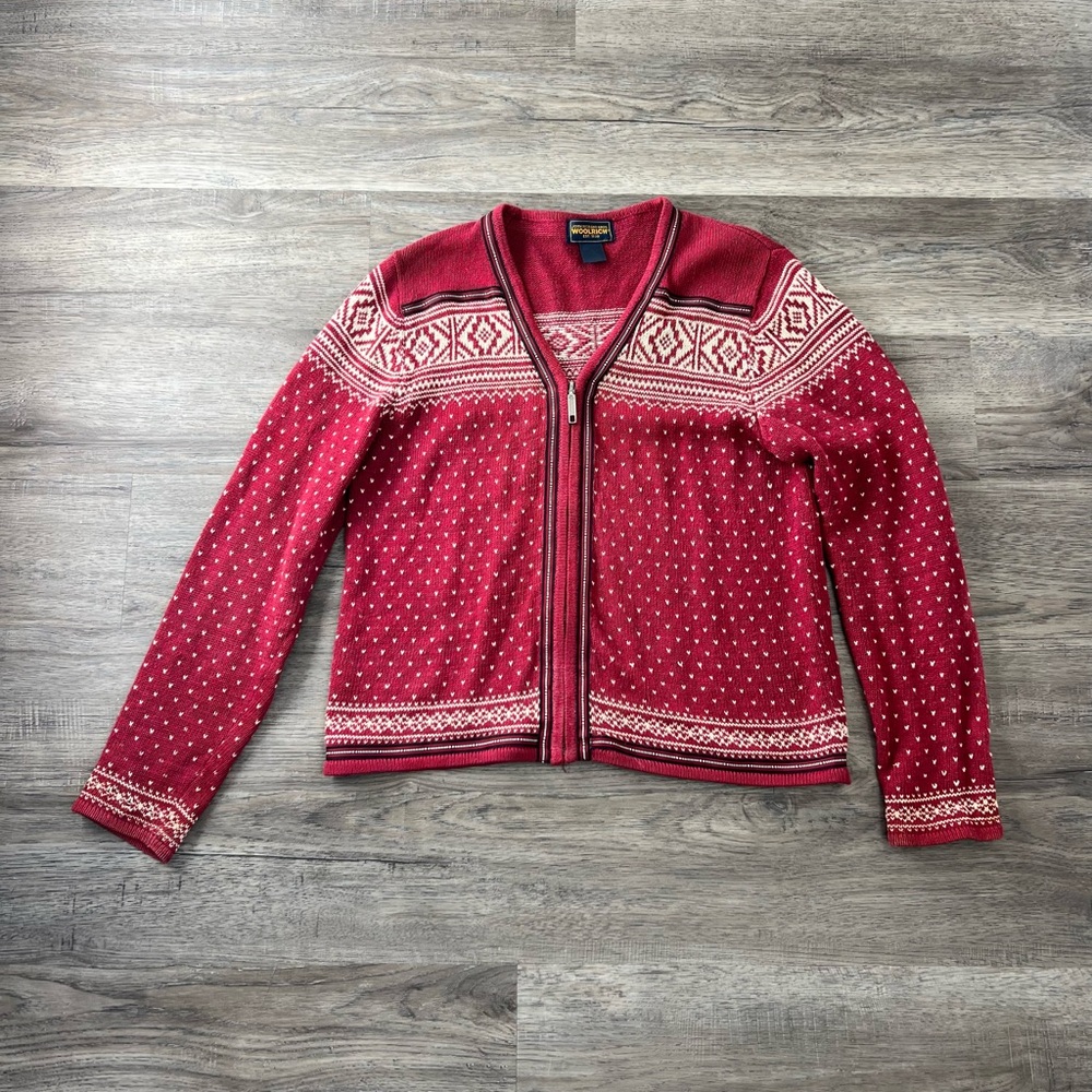 Vintage Woolrich Women's Zip-Front Nordic‎ Classic Red Sweater Size Small